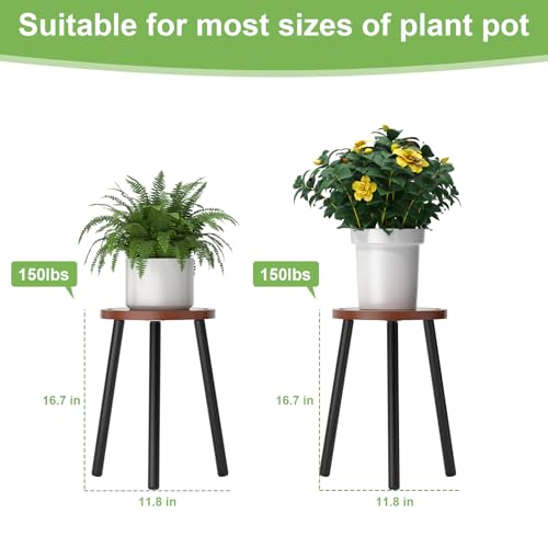 Wood Plant Stands Indoor, 16.7" Tall Plant Stand Outdoor Mid-Century Plant Stool, Single Plant Table Modern Small Round Side/End Table for Living Room, Balcony, Office (Brown) - color: Brown Tray with Black Legs-1Pack