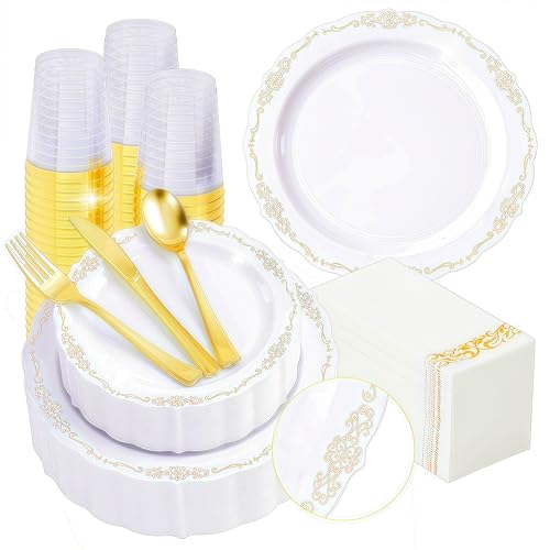 Fijinhom 350 PCS White and Gold Disposable Plates, Elegant Dinnerware Set for 50 Guests, 100 Plastic Plates, 150 Silverware, 50 Cups & 50 Paper Napkins, White and Gold - color: White and Gold Pattern, size: 50 Guests-350pcs