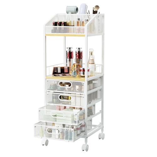 HapiRm Rolling Cart Makeup Organizer - Metal Makeup Cart with Wheels and Drawers for Small Spaces & Messy Vanities, Space-Saving Beauty Cosmetics Cart Storage Cabinet Stand for Perfume Hair Tools - color: Natural
