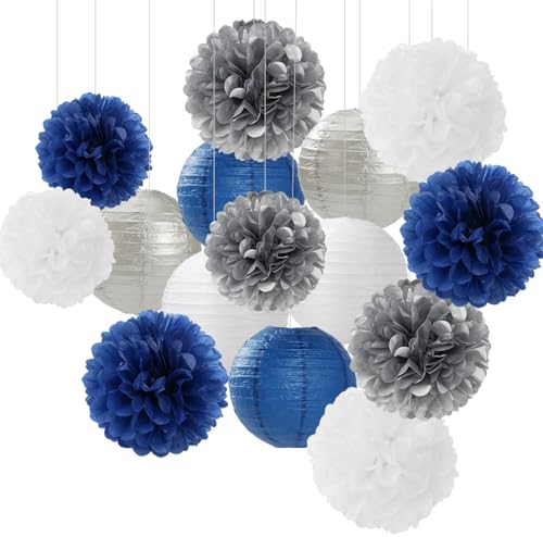 Navy-Blue Silver Party-Decorations Paper-Flowers Lanterns - 15PCS Birthday Royal White Wedding Tissue Pom Poms Streamers,Baby Bridal Shower Bachelorette Graduation Hanging Supplies Decor Hugfond - color: Blue White Silver