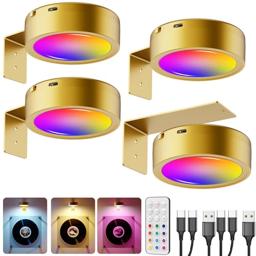 RGB USB Rechargeable Picture Lights, Gold 2600mAh Battery Operated Art Lights for Paintings Wireless Light Over Picture Frame Cordless LED Gallery Wall Light Remote Spotlight for Poster Photo Artwork - size: 4 pack
