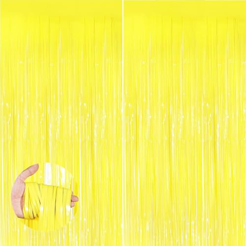 Valentines Day 2 Pack 3.3 * 8.3 ft Foil Curtain Metallic Tinsel Fringe Curtains Photo Booth Props Backdrop for Birthday Wedding Engagement Baby Christmas Holiday Celebration Party，Macaron Yellow - color: Yellow, size: 2 Pack