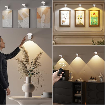 Picture Lights for Wall Wireless with Magnetic,2000mAh Rechargeable Picture Frame lights with Dimmable, Puck Lights with Remote Control,Art Lighting for Paintings,Counter, Shelf,Bookcase(4 Pack,White) - color: White-4 PACK