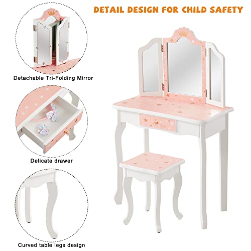 Nromant Kids Vanity Table and Chair Set, Girls Vanity Set with Stool, Tri-Folding Mirror, Dressing Table with Drawer for Little Girls (Pink) - color: Pink