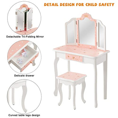 Nromant Kids Vanity Table and Chair Set, Girls Vanity Set with Stool, Tri-Folding Mirror, Dressing Table with Drawer for Little Girls (Pink) - color: Pink