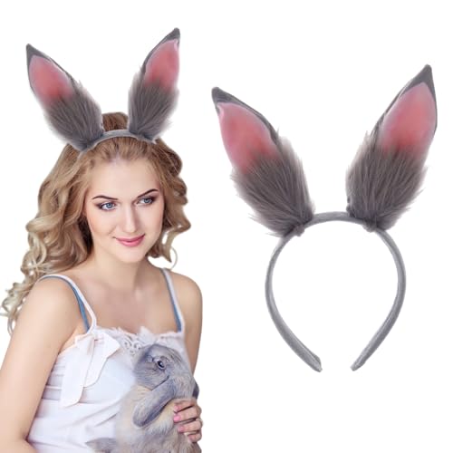 1 Pcs Gray Fluffy Easter Bunny Ears Headband Lovely Rabbit Ears Hair Hoop Bunny Hair Band Easter Hair Accessories for Halloween Holiday Makeup Party Cosplay Decoration
