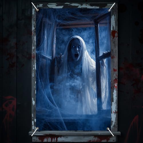 Nuxovilar Halloween Window Decorations, Screaming Veiled Ghost in Cobwebs Halloween Window Cover for Indoor, Party, Haunted House, 31.5x47.3 Inches - color: CU00906