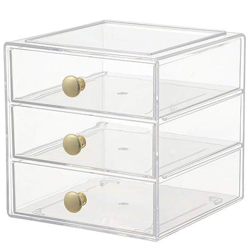 AJIODA Makeup Drawer Organizer Box with 3 Drawers, Acrylic Cosmetic Display Case Vanity Organizer Jewelry Storage Box Stackable Storage for Cosmetics, Skin Care, Bathroom, Countertop, Gold Handle - color: Gold Handle
