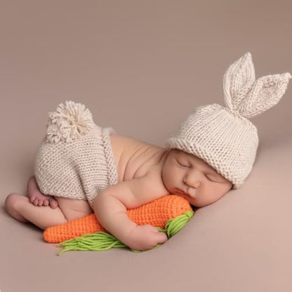ForBaysy Newborn Photography Props Boy Girl Crochet Bunny Costume Set Baby Photo Shoot Outfits with Rabbit Ear Hat - color: Newborn Bunny Carrot Suit