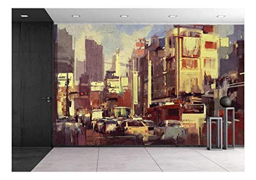 wall26 - Painting of City Traffic Jam on The Street - Removable Wall Mural | Self-Adhesive Large Wallpaper - 66x96 inches - color: Artwork - 13, size: 66"x96"