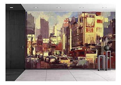 wall26 - Painting of City Traffic Jam on The Street - Removable Wall Mural | Self-Adhesive Large Wallpaper - 66x96 inches - color: Artwork - 13, size: 66"x96"