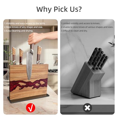 FINDKING Magnetic Knife Block, Double Sided Holder, Powerful Magnet Kitchen Storage, Acacia Wood and Red Resin (12 x 10 Inches, Without Knives) - color: Red