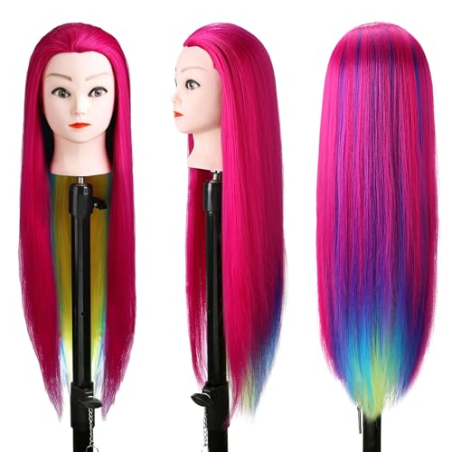 Mannequin Head with Hair, Beauty star 29" Cosmetology Doll Head for Hair Styling to Practice on, Hairdressing Training Braiding Heads with Clamp Stand Holder Kit - color: Hot Pink
