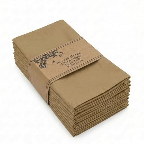 ACCENTHOME Accent Home 100% Cotton Napkins, Delicate Cloth Napkins for Dinners, Parties and Weddings，18 x 18 Inch Set of 12 - Brown - color: 05 - Brown - Twill, size: 18"x18" - Pack of 12