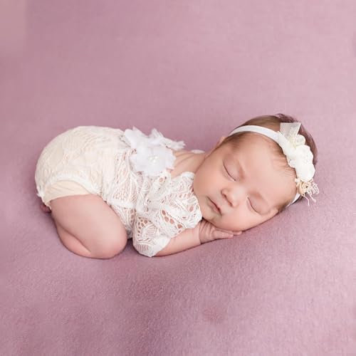 Newborn Lace Romper, 2 PCS Baby Girl Photography Props, Newborn Girl Photography Outfits with Flower Headband for Infants - color: White