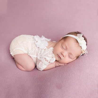 Newborn Lace Romper, 2 PCS Baby Girl Photography Props, Newborn Girl Photography Outfits with Flower Headband for Infants - color: White
