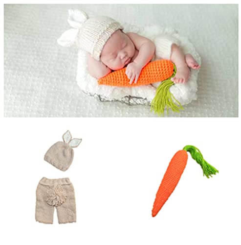 Newborn Easter Outfit Boy Photography Props Baby Bunny Handmade Crochet Rabbit Set Knit Hat Diaper Carrot Set for Kids - color: Beige-l