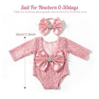 ForBaysy Newborn Photography Props Girls Outfit Feather Bow Lace Romper Newborn Dress - color: Dustpink
