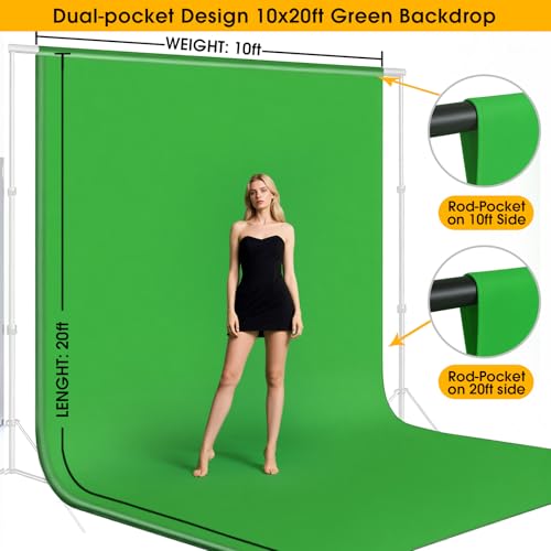 CPLIRIS 10x20ft Green Screen Backdrop for Photography, Dual-Size Dual-Pocket Design Chromakey Background for Photoshoot, Game Steaming, Zoom Meeting with Both Options of 10 ft and 20 ft in Width - color: Green, size: 10x20ft