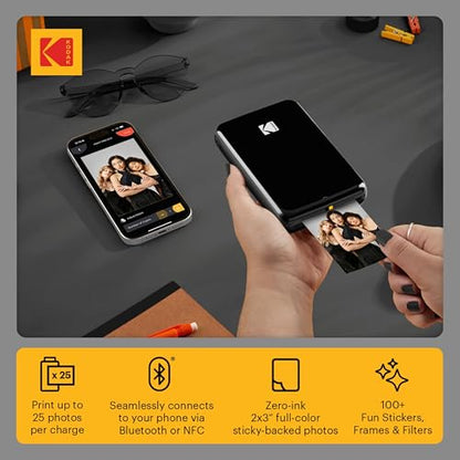 Kodak Step Instant Smartphone Photo Printer - 75 Sheets Bundle - Portable Mini Color Wireless Mobile Printer - Zink 2x3” Sticky-Back Photos - Bluetooth Compatible with Smart Devices - Fun App -Black - color: Black, style: Printer + 75 Sheets