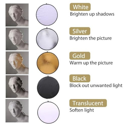 REFLEX CAMERA 7-in-1 Photography Reflector (Round) – Translucent/Silver/Gold/White/Black/Blue/Green – Light Diffuser & Chroma Key Background Kit with Carrying Case (60cm/23) - size: 60cm/23in