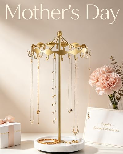 Lolalet Rotating Necklace Holder Stand with Metal Hooks, Spinning Display Carousels, Freestanding Organizer Hanger for Long Necklaces Chains, Mother's Day Birthday Gifts -Gold - color: Gold