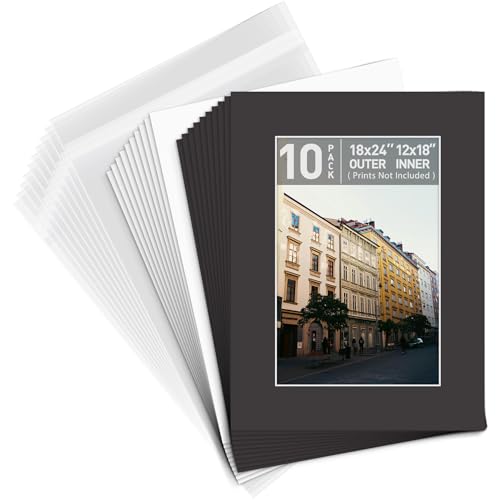 Golden State Art, Pack of 10, Pre-Cut 18x24 Black Picture Mat Kit for 12x18 Photo, 10 White Core Bevel Cut Mattes, 10 Backing Boards and 10 Clear Bags - color: Black, size: 18x24 for 12x18 (10 Pack)