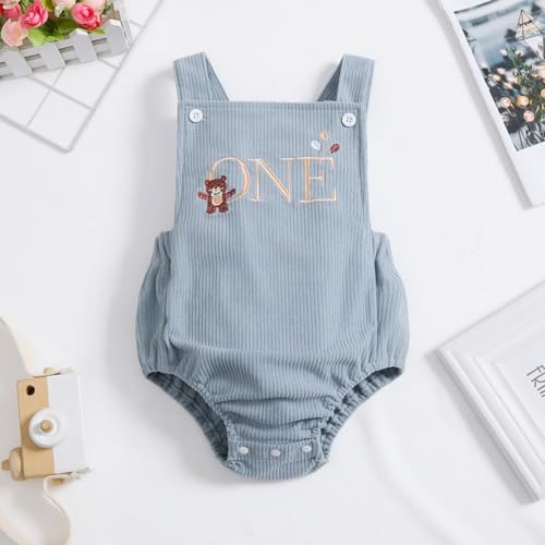 IMEKIS Baby Girls Boys Boho 1st Birthday Outfit Backless Overalls Romper for Cake Smash Photo Shoot - color: Blue Bear One, size: 9-12 Months