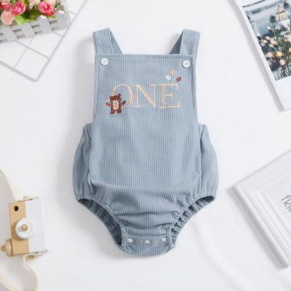 IMEKIS Baby Girls Boys Boho 1st Birthday Outfit Backless Overalls Romper for Cake Smash Photo Shoot - color: Blue Bear One, size: 12-18 Months