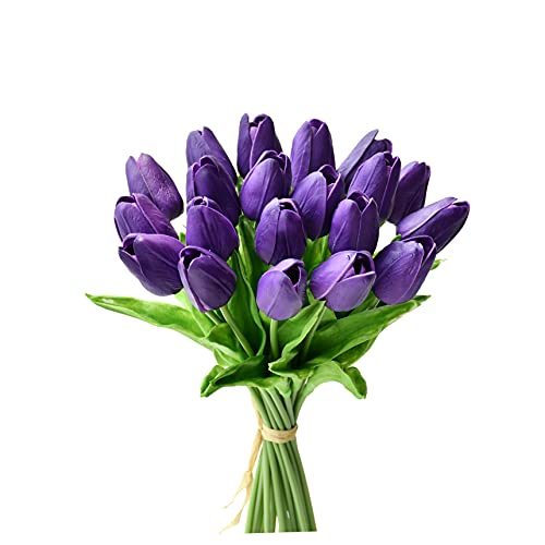 Mandy's Dark Purple Artificial Tulips Flowers Centerpiece, 13.5" Lifelike PU Fake Floral Stems 20pcs for Kitchen Island & Dining Table, Spring Decor for Easter - color: Dark Purple
