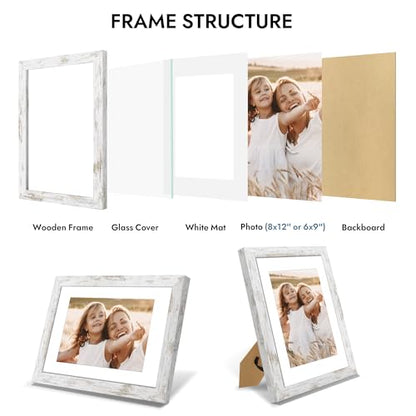 Hongkee 8x12 Picture Frame with Glass, Display Pictures 6x9 with Mat or 8 x 12 without Mat - Wall and Tabletop, 8 by 12 Photo Wooden Frames (Distressed White, 1 Pack) - color: Distressed White, size: 8X12 in