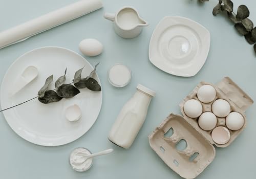 Pastel Blue Flat Lay Baking Ingredients Backdrop Eggs Milk White Ceramics Eucalyptus Background Food Photography Wall Hanging Photo Studio Props 7X5ft Fabric - size: 7X5ft