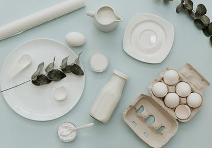Pastel Blue Flat Lay Baking Ingredients Backdrop Eggs Milk White Ceramics Eucalyptus Background Food Photography Wall Hanging Photo Studio Props 4X4ft Fabric - size: 4X4ft