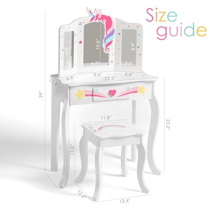 Spirich Kids Vanity, Girls Vanity Set with Mirror and Stool and Lights, Kids Vanity Table and Chair Set, Wooden Princess Makeup Desk Dressing Table - size: Unicorn and Rainbow