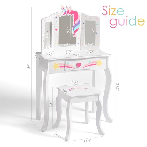 Spirich Kids Vanity, Girls Vanity Set with Mirror and Stool and Lights, Kids Vanity Table and Chair Set, Wooden Princess Makeup Desk Dressing Table - size: Unicorn and Rainbow