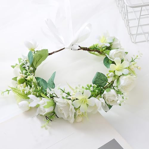Bridal Flower Crown Flower Garland Headband Floral Halo Floral Crown Wedding Party Cosplay Halloween Costume - color: white