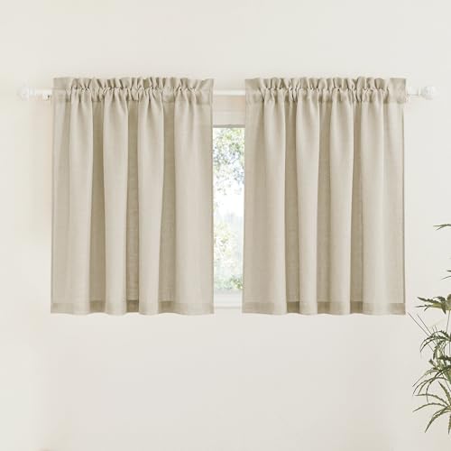 RYB HOME Half Window Curtains - Linen Textured Sheer Curtains Privacy Semi Sheer Drapes for Small Window Tiers Set for Bedroom Kitchen Cafe Bathroom, Beige, W 52 x L 36, 1 Pair - color: Beige, size: 52"W x 36"L (Pack of 2)