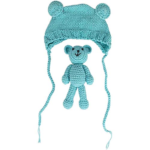 Newborn Baby Photo Shoot Props Boys Girls Crochet Knitted Hat Bear Hat Beanie with Bear Dolls Photography Props - color: Blue