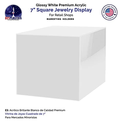 2 Pack 7 Inch White Acrylic Display Box Versatile Square Plexiglass Retail Product Storage Bin or Merchandise Riser with One Open Side No Assembly by Marketing Holders - size: 7" x 7" x 7" White