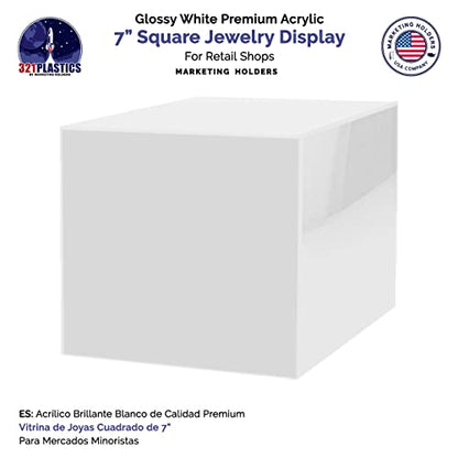 2 Pack 7 Inch White Acrylic Display Box Versatile Square Plexiglass Retail Product Storage Bin or Merchandise Riser with One Open Side No Assembly by Marketing Holders - size: 7" x 7" x 7" White