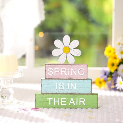 GlikCeil 4 Pcs Spring Table Decoration Daisy Wooden Block Sign Daisy Spring Table Decor Centerpieces Farmhouse Rustic Tiered Tray Tabletop Decor for Home Office Desk Kitchen Shelf Decors - style: Daisy
