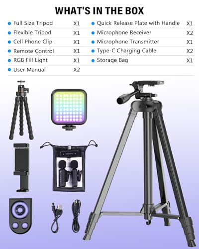 Vlogging Kit for iPhone/Android, YouTube Starter Kit with Wireless Microphone/Camera Tripod/Flexible Tripod/RGB Fill Light, Content Creator Essentials Kits for TikTok Vlog Video Recording