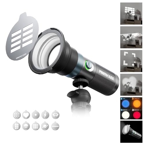 PHOTOOLEX 8400mAh Led Photography Flashlight with 4 Colors/10 Magnetic Pattern Gobos, Handheld Spotlight for Photography, 10W Rechargeable Fill Light for Photo, Content Creation, Video Recording
