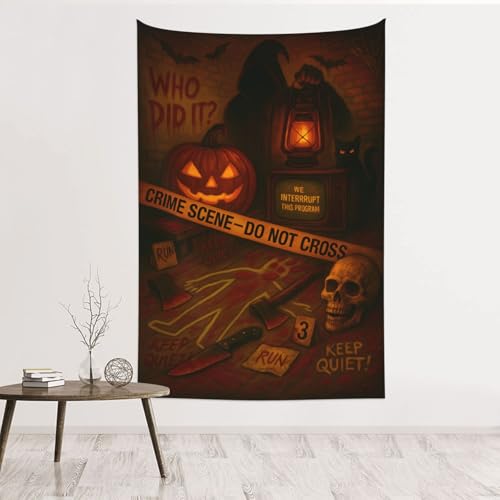 HUGZFLUFF Halloween Crime Scene Tapestry 60x40 Inch - Spooky Murder Mystery Party Decorations, Scary Skeleton Wall Hanging Decor, Creepy Horror Detective Room Backdrop for Indoor Home Dorm