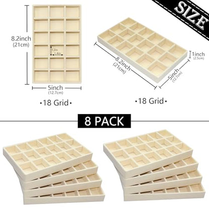 8 Pack Stackable Jewelry Organizer Tray Velvet Jewelrry Storage Drawer Insert Earring Stacking Trays for Dresser 18 Grids - color: Beige