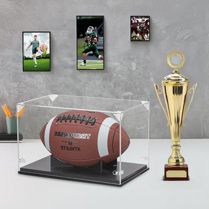 GYaozii Football Display Case, Thickened UV Protection Clear Acrylic Lid Football Holder, Wood Football Base Stand Football Cases for Signed Football Full Size - size: Football Display Case-Black