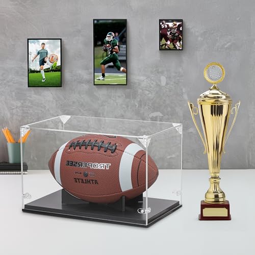 GYaozii Football Display Case, Thickened UV Protection Clear Acrylic Lid Football Holder, Wood Football Base Stand Football Cases for Signed Football Full Size - size: Football Display Case-Black
