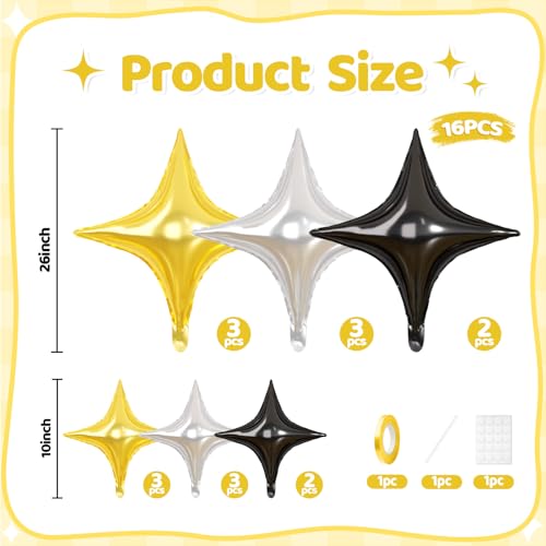 Gold Black Star Balloons, 16 PCS Silver Four Angle Star Foil Balloons, 26 Inch and 10 Inch Black Gold Stars Shaped Balloon for Graduation Birthday Baby Shower Retirement New Year Party Decorations - color: Gold Black Silver