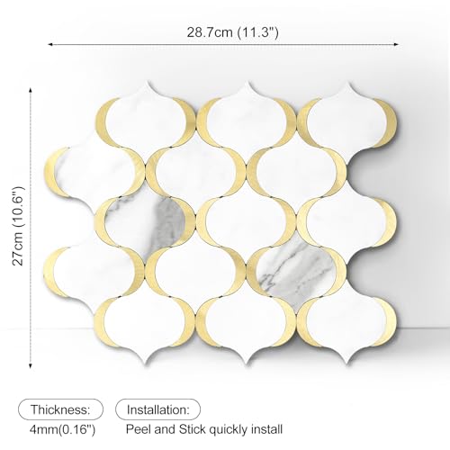 10 Sheet Arabesque Peel and Stick Backsplash Tile, Stick on Backsplash for Kitchen and Bathroom Wall, Marble White Look PVC Mixed Metal Gold - color: Marble White Mixed Metal Gold