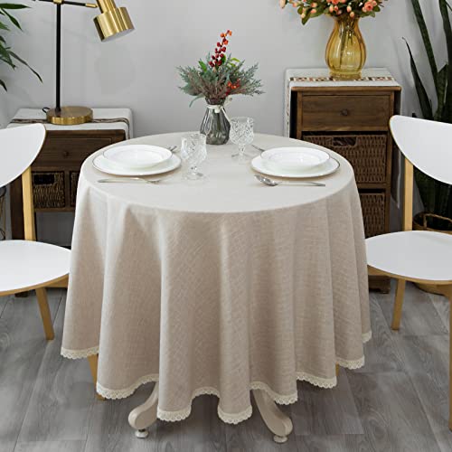 GLORY SEASON Textured Tablecloth Linen-Look Rustic Burlap Stlye Washable Solid Heavy Weight Lace Trim Fabric Table Cloth,Table Cover for Kitchen Dinning Tabletop Decoration 108 in Round Beige - size: 108" (Round)